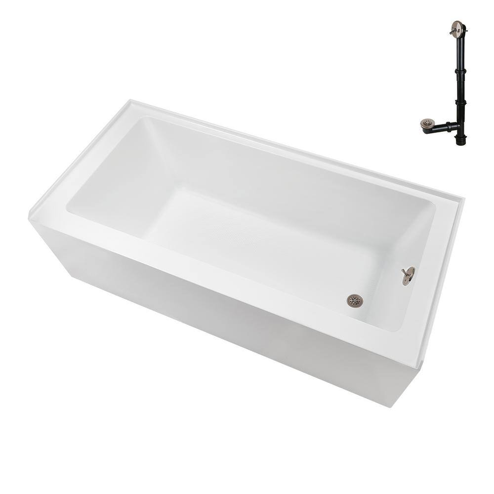 Glossy White Acrylic Right-Hand Drain Alcove Bathtub with Brushed Nickel External Drain