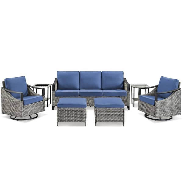 7-Piece Wicker Patio Conversation Set with Blue Cushions, Suitable for Outdoor
