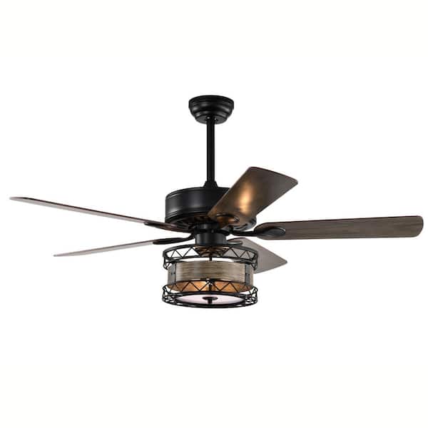 Gloweer 52 in. Farmhouse 3-Lights Indoor Ceiling Fan with 5-Wood Blades, AC Motor, Remote Control, Adjustable Heigh, Matt Black