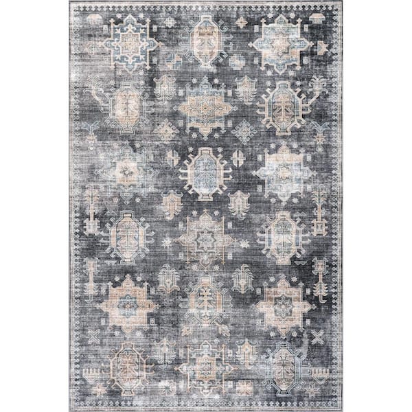 Philomena Medallion Spill Proof Machine Washable Area Rug Charcoal 5' ft. x 8' ft. Area Rug