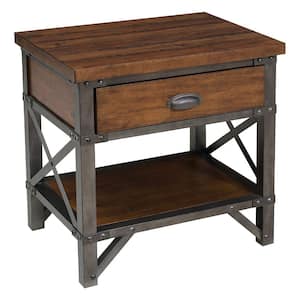Brown Wooden Nightstand with Metal Block Legs and Open Shelf 23.75" L x 18.5" W x 26" H