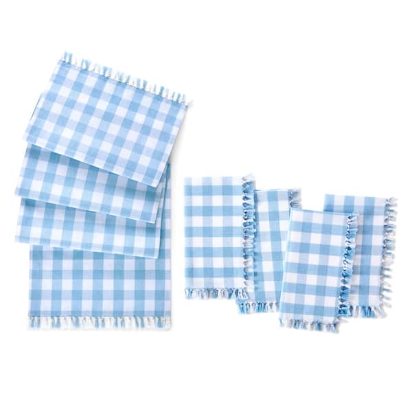Threadmade Knotted Gingham Table Runner and Napkin Set of 4, Blue - 13"W x 70"L