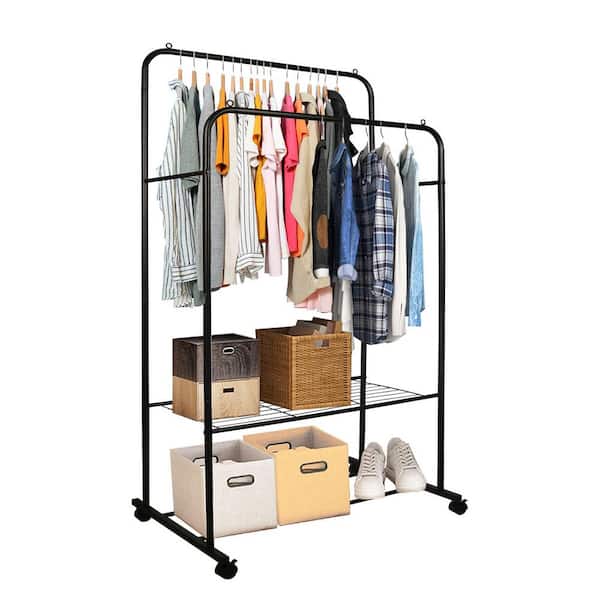 Black Steel Garment Clothes Rack Double Rods 31.5 in. W x 62.6 in. H