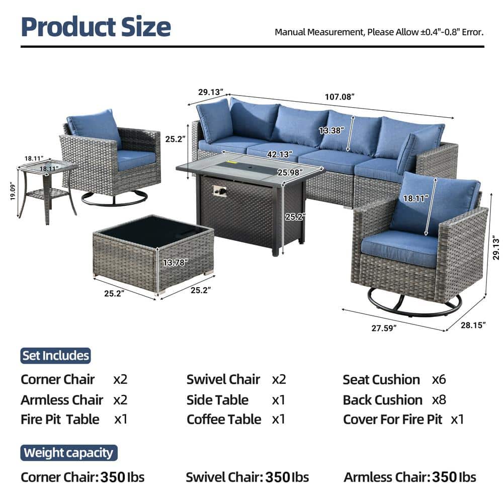 Venice 9-Piece Gray Wicker Patio Sofa Set with Denim Blue Cushions and Copper Fire Pit