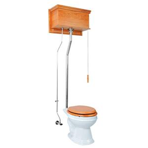 High Tank Toilet Single Flush Round Bowl in White with Light Oak Tank and Chrome Rear Entry Pipes
