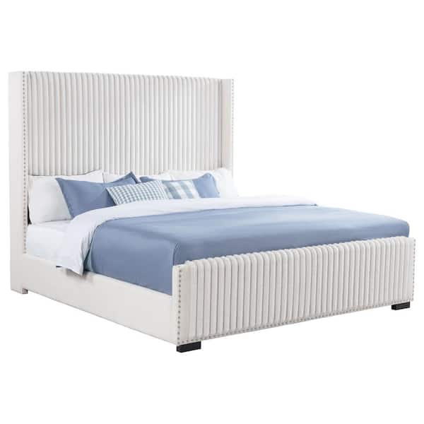 Natasha White Wood Frame Eastern King Panel Bed with Nailhead Trim and Wingback Headboard