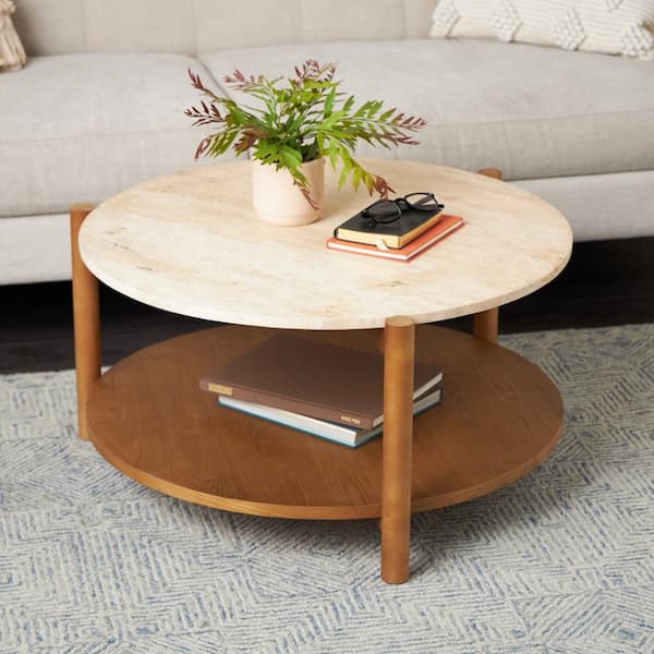 Litton Lane 16 in. x 32 in. Brown Medium Round Wood Coffee Table with Beige Marble Top