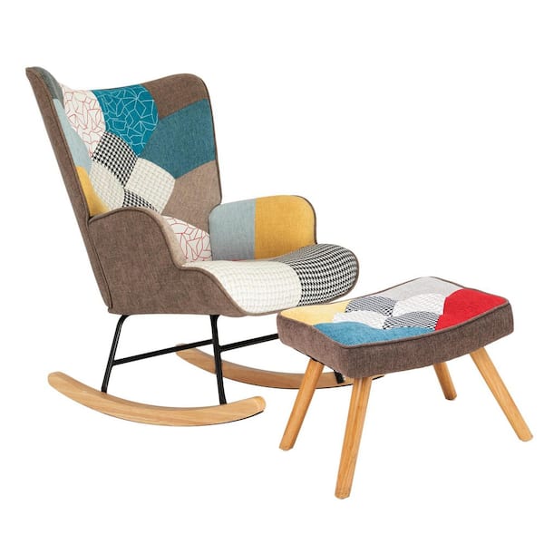 Wood Outdoor Rocking Chair with ottoman, Cushion, Fabric Rocker Chair with Wood Legs and Patchwork Linen