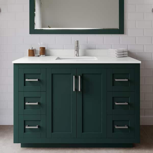 Wyndham Collection Miranda 48 in. W x 22 in. D x 33.75 in. H Single Bath Vanity in Green with White Quartz Top and 46 in. Mirror