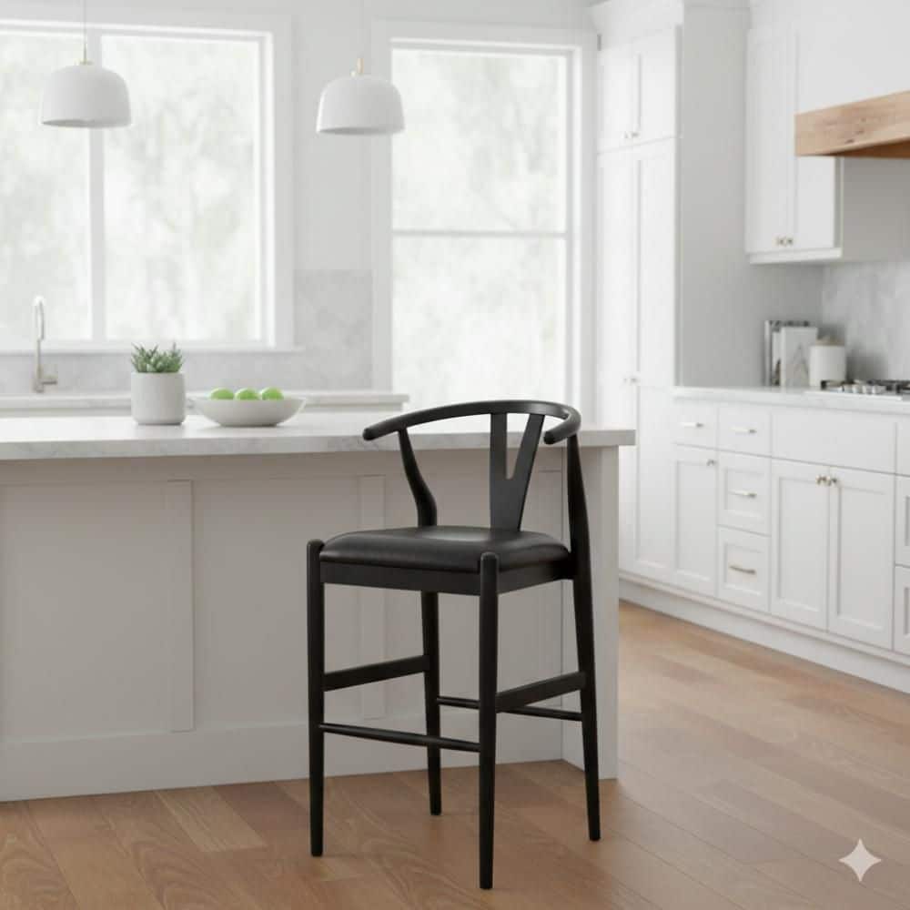 Cera 43.25 in. H Black High Back Rubber Wood Bar Stool with Rich Faux Leather Seat Set of 2 price history on PriceWatchPro