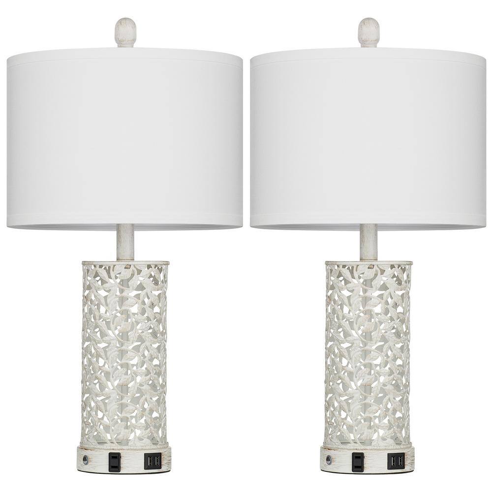 Doroteja 24.5 in. H Distressed White Metal Table Lamp Set with White Shape, Dual USB Ports and Built-in Outlet price history on PriceWatchPro