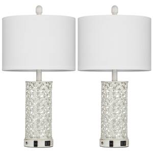 Doroteja 24.5 in. H Distressed White Metal Table Lamp Set with White Shape, Dual USB Ports and Built-in Outlet