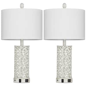 Doroteja 24.5 in. H Distressed White Metal Table Lamp Set with White Shape, Dual USB Ports and Built-in Outlet