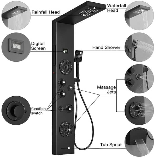 Dual 5-in.-1,4-Jet Shower Panel Tower System with Rainfall Waterfall Shower Head, and Massage Body Jets in Matte Black