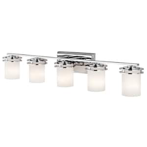 Hendrik 43 in. 5-Light Chrome Contemporary Bathroom Vanity Light with Etched Glass Shade