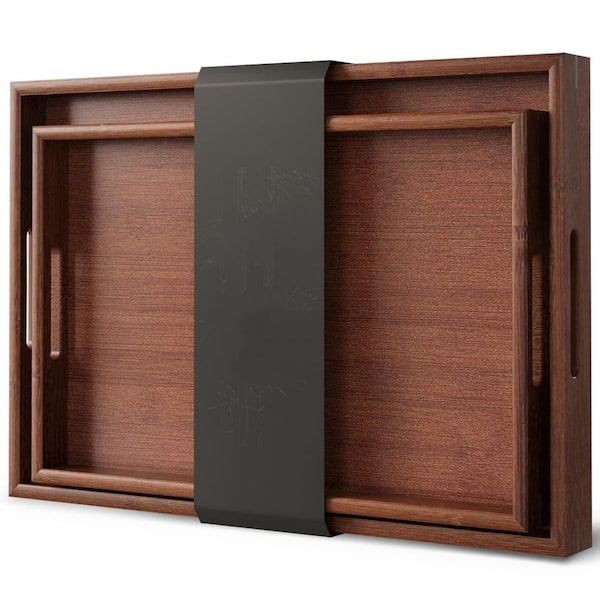 16.9 in. W x 1.6 in. H x 11.8 in. D Brown Bamboo Serving Tray with Handle (Set of 2), Food Drinks Tray for Eating
