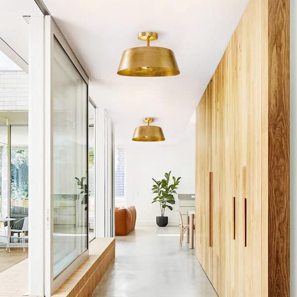IHOMEadore 14.57 in. 3-Light Antique Gold Semi-Flush Mount Drum