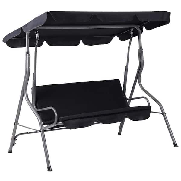 Aoodor 3-Person Metal Adjustable Canopy Porch Swing with Canopy and Cushions, Black