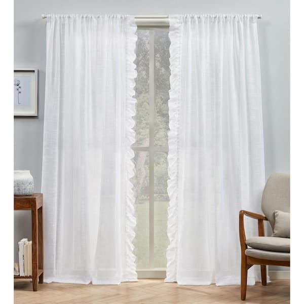 EXCLUSIVE HOME Jacinta Side Ruffle White Solid Light Filtering Rod Pocket Curtain, 54 in. W x 84 in. L (Set of 2)