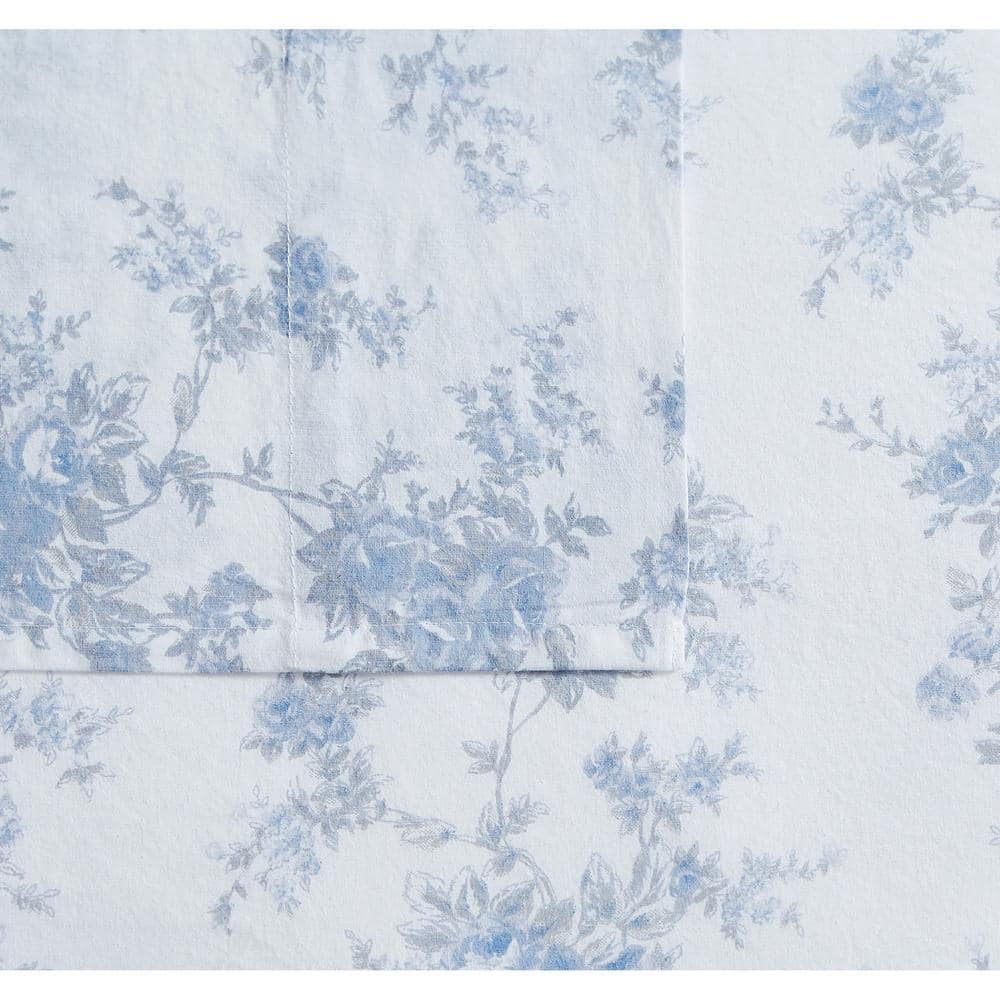 King White and Blue Cotton Floral Percale Sheet Set