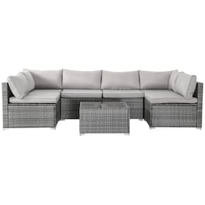 Gray 7-Piece PE Wicker Outdoor Patio Conversation Set with Light Gray Cushions and Built-in Glass Table