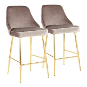 Marcel 25 in. Gold Metal Counter Stool with Silver Velvet Upholstery (Set of 2)