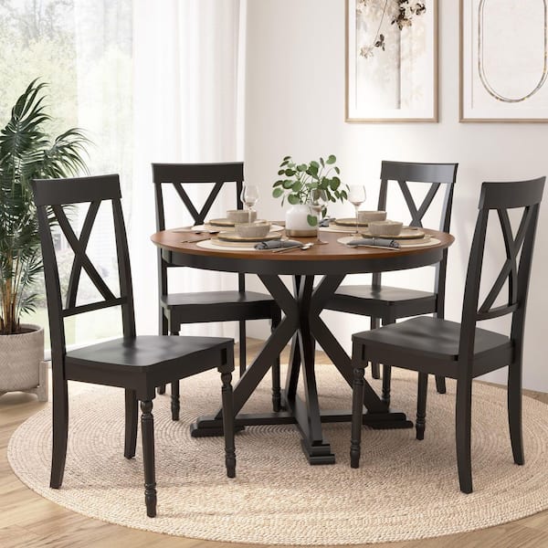 West End Round Trestle Dining Table with 4 Cross Back Dining Chairs in Burnished Medium Brown/Black Paint