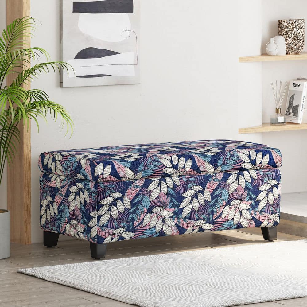 Ramona Multi Leaves Solid Wood Fabric Rectangle Storage Ottoman