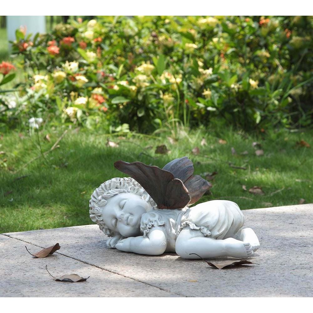 Creamy White Resin Baby Fairy Statue with Dark Wings