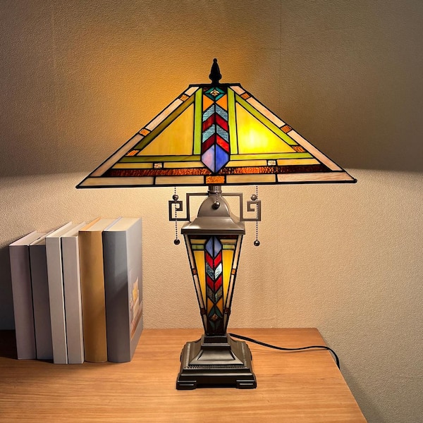 23in. Amber Mission Tiffany Table Lamp with Pull Chain Control and Stained Glass Lamp Shade