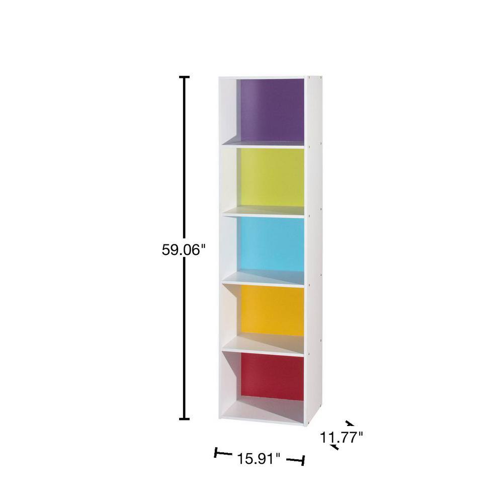 Brightspace Kids 5-Shelf White Wood Bookcase with Cubes and Doors