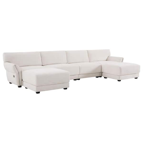Luxury Collection 142 in. Flared Arm 6-Piece U-Shaped Chenille Modern Sectional Sofa in White with USB Ports and Ottoman