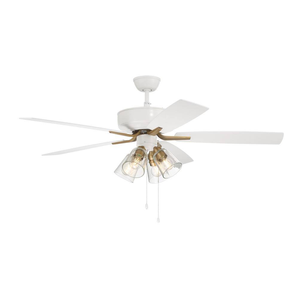 White Satin Brass 52" Ceiling Fan with Clear Glass Light