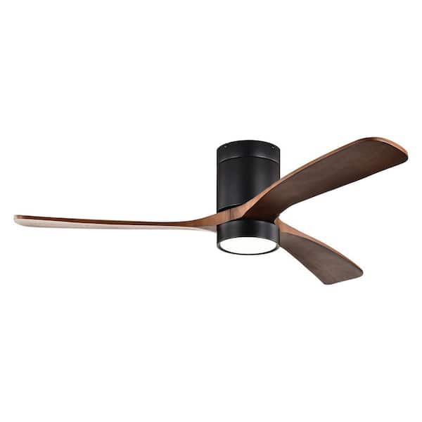 Farmhouse 52 in. Indoor Matte Black Flush Mount Standard Style Ceiling Fan with 3-Solid Wood Blades, LED Light, Remote
