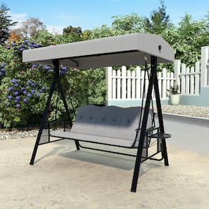 3-Person Metal Patio Swing Chair With Converting Canopy Porch Swing With Detachable Cushion and Side Trays, Dark Gray
