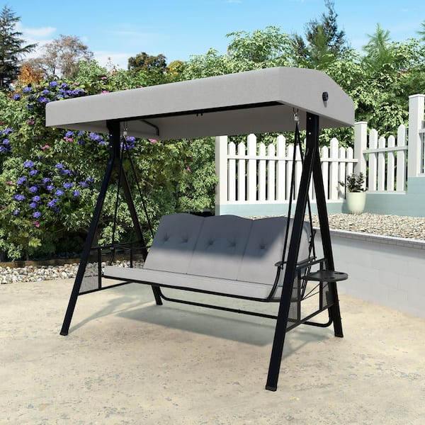 VEIKOUS 3-Person Metal Patio Swing Chair With Converting Canopy Porch Swing With Detachable Cushion and Side Trays, Dark Gray