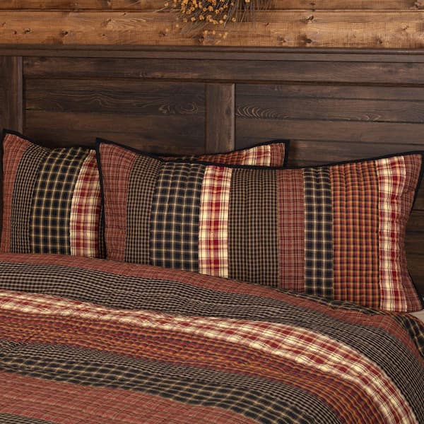 VHC BRANDS Beckham Rust Khaki Black Primitive Patchwork Cotton King Sham