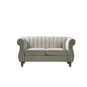 Louis 59.1 in. Cream Channel Tufted Velvet 2-Seats Loveseat with Nailheads