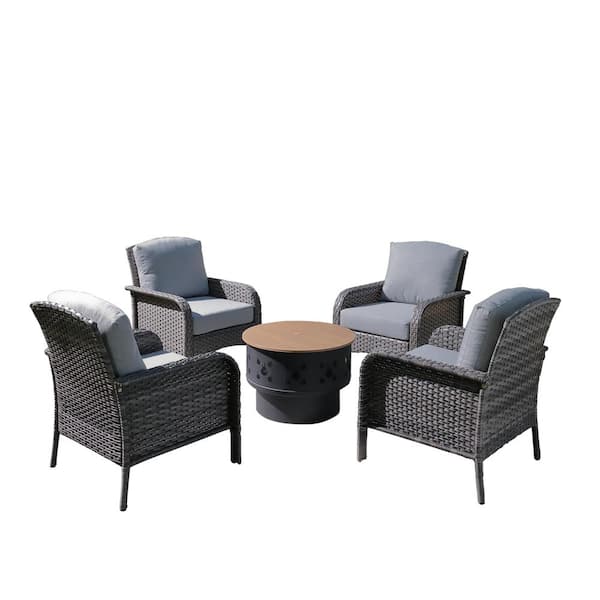 Denali Gray 5-Piece Wicker Outdoor Patio Conversation Chair Set with a Wood-Burning Fire Pit and Dark Gray Cushions