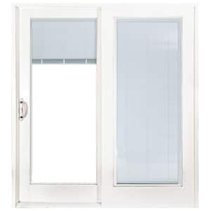 72 in. x 80 in. Woodgrain Interior and Smooth White Exterior Left-Hand Composite Sliding Patio Door with Built in Blinds