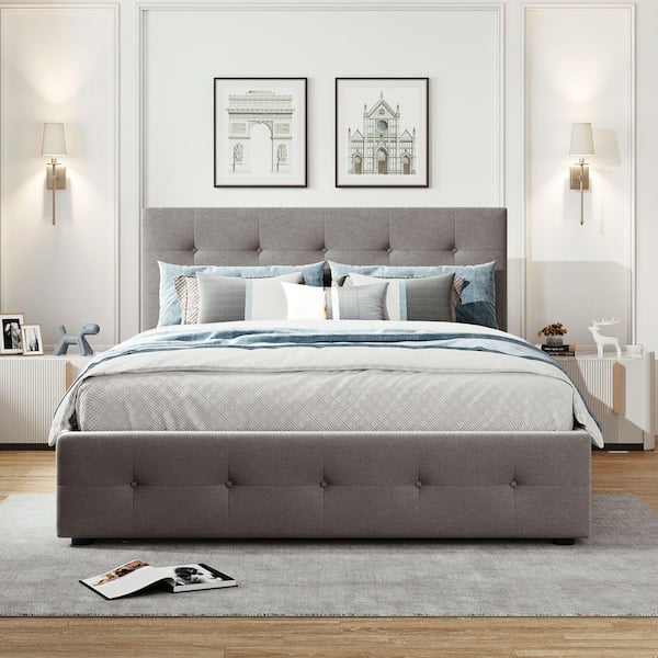 Harper & Bright Designs Light Gray Wood Frame Queen Size Linen Upholstered Platform Bed with a Twin XL Trundle and 2-Drawers