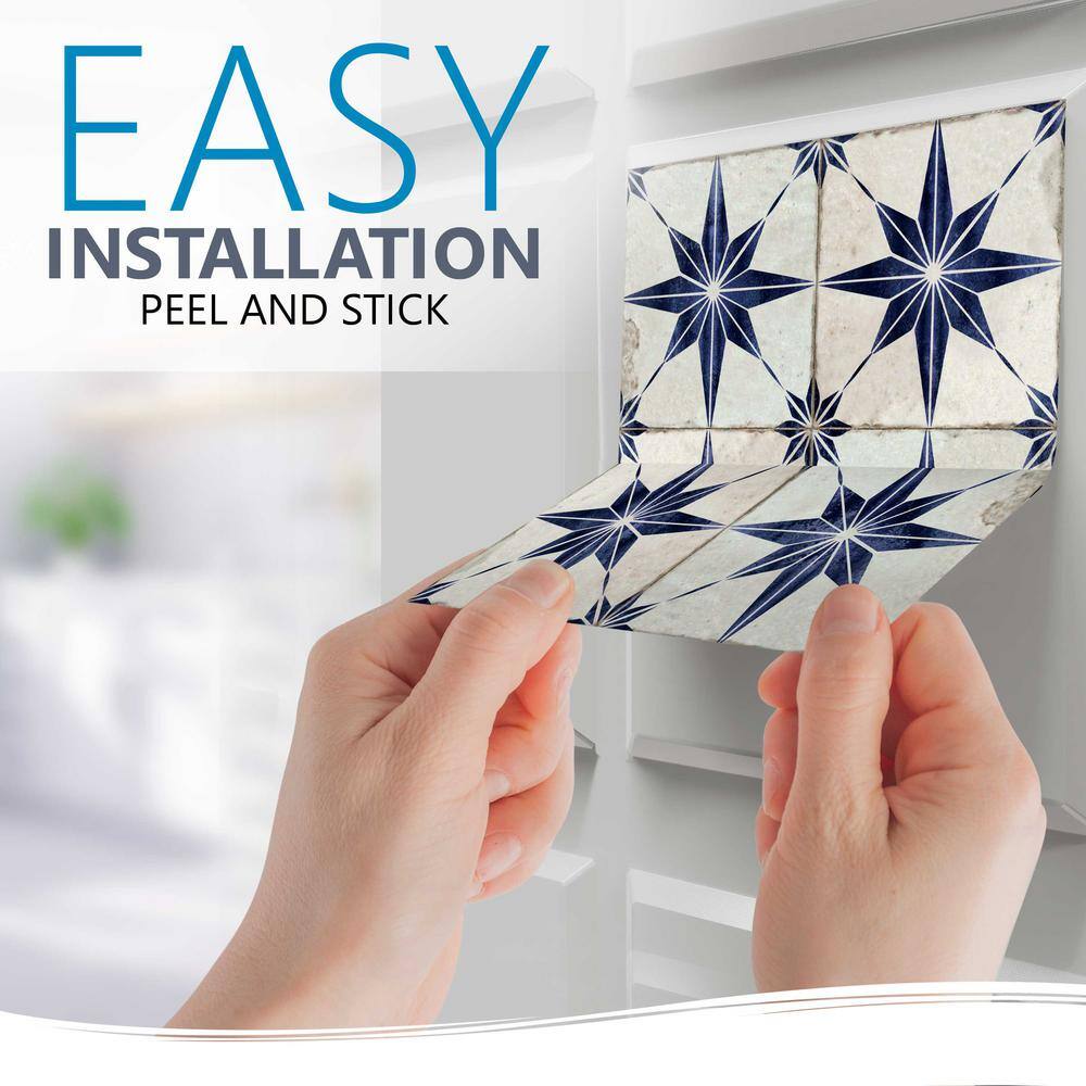 Teal Blue and Brown Star Pattern Vinyl Peel and Stick Tiles, 8x8-inch