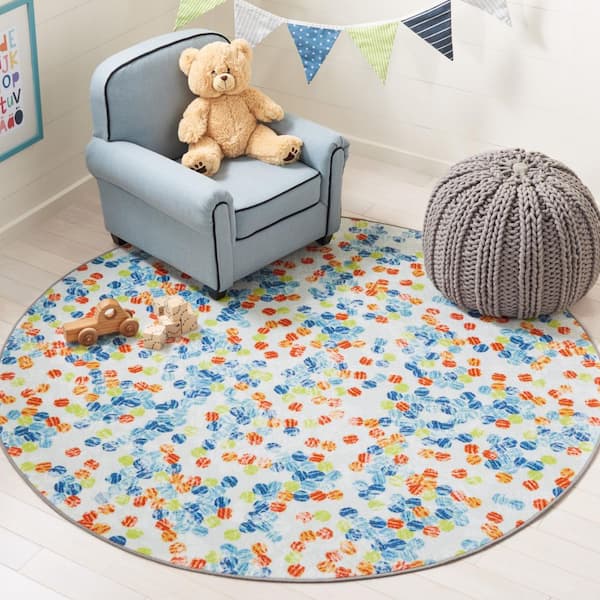 Kids Playhouse Ivory/Blue 5 ft. x 5 ft. Machine Washable Gumdrop Marle Round Area Rug