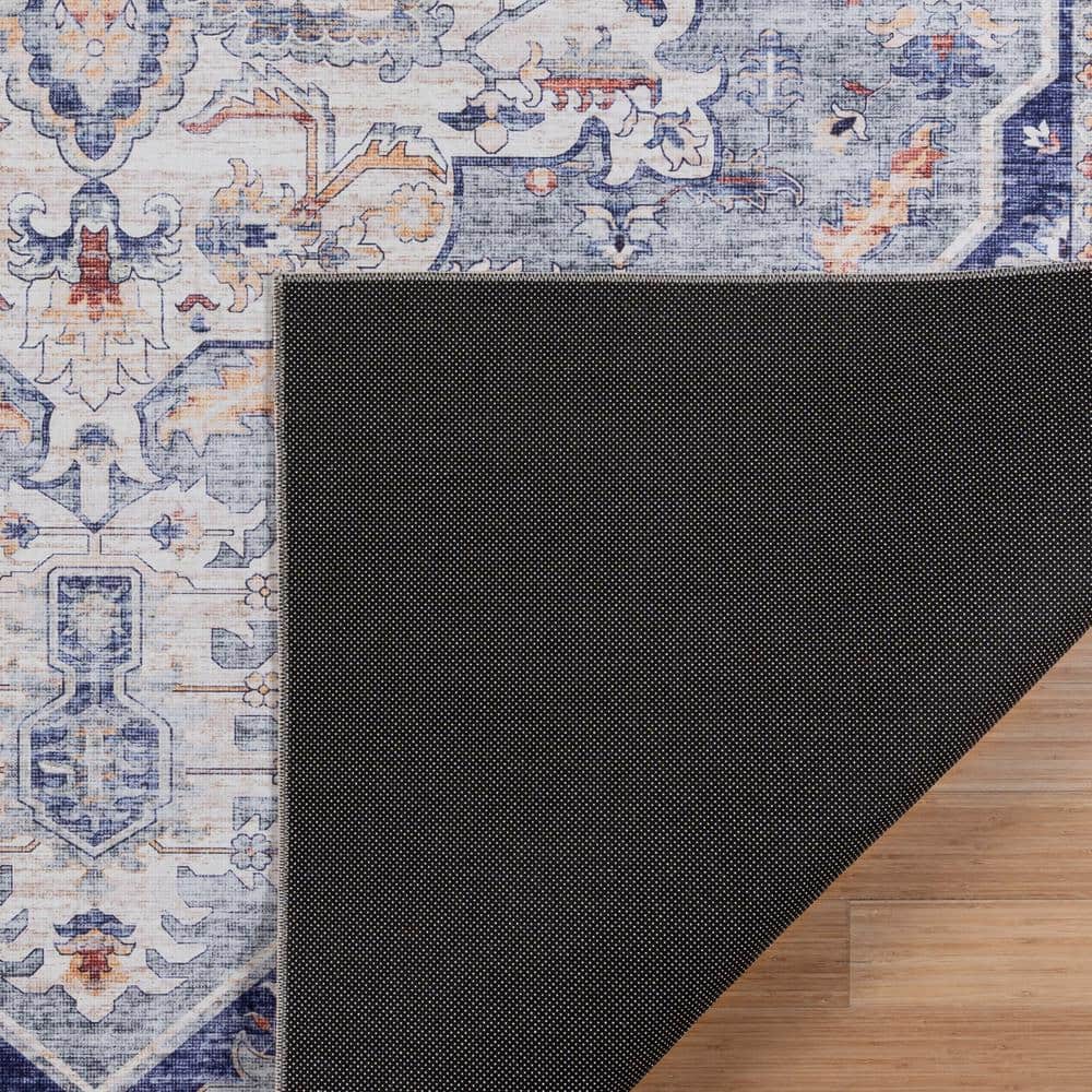 Soha Multi Blue Traditional Medallion Washable Area Rug 6' x 9'