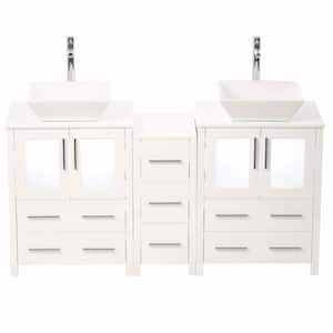 Torino 60 in. Double Vanity in White with Glass Stone Vanity Top in White with White Basins and Mirrors