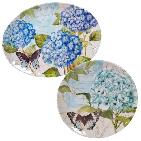 Hydrangea Garden 2-Piece Traditional Multi-colored Melamine Outdoor 14 and 18 in. Platter Set