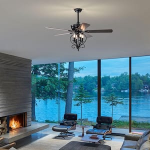 52 in. Indoor Matte Black Traditional Ceiling Fan with 4 Lights, 5 Wood Blades, AC Motor, Remote Control and 3-Speed