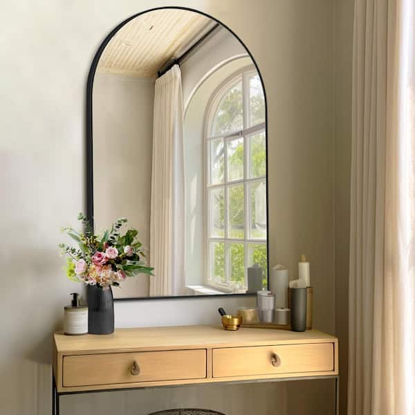 GOGEXX 24 in. W x 36 in. H Aluminum Black Mirror Large Arched Mirror Wall Mounted Standing Bathroom Mirror Framed Mirror