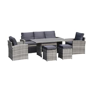 Patio Grey 6 pieces Wicker Outdoor Sectional Set ? with Dining and Coffee Sofa, Grey Cushions