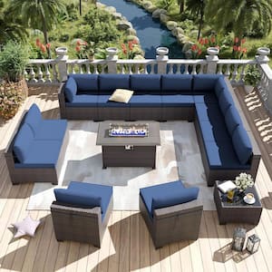14-Piece Wicker Patio Conversation Set with 55000 BTU Gas Fire Pit Table and Glass Coffee Table and Navy Cushions